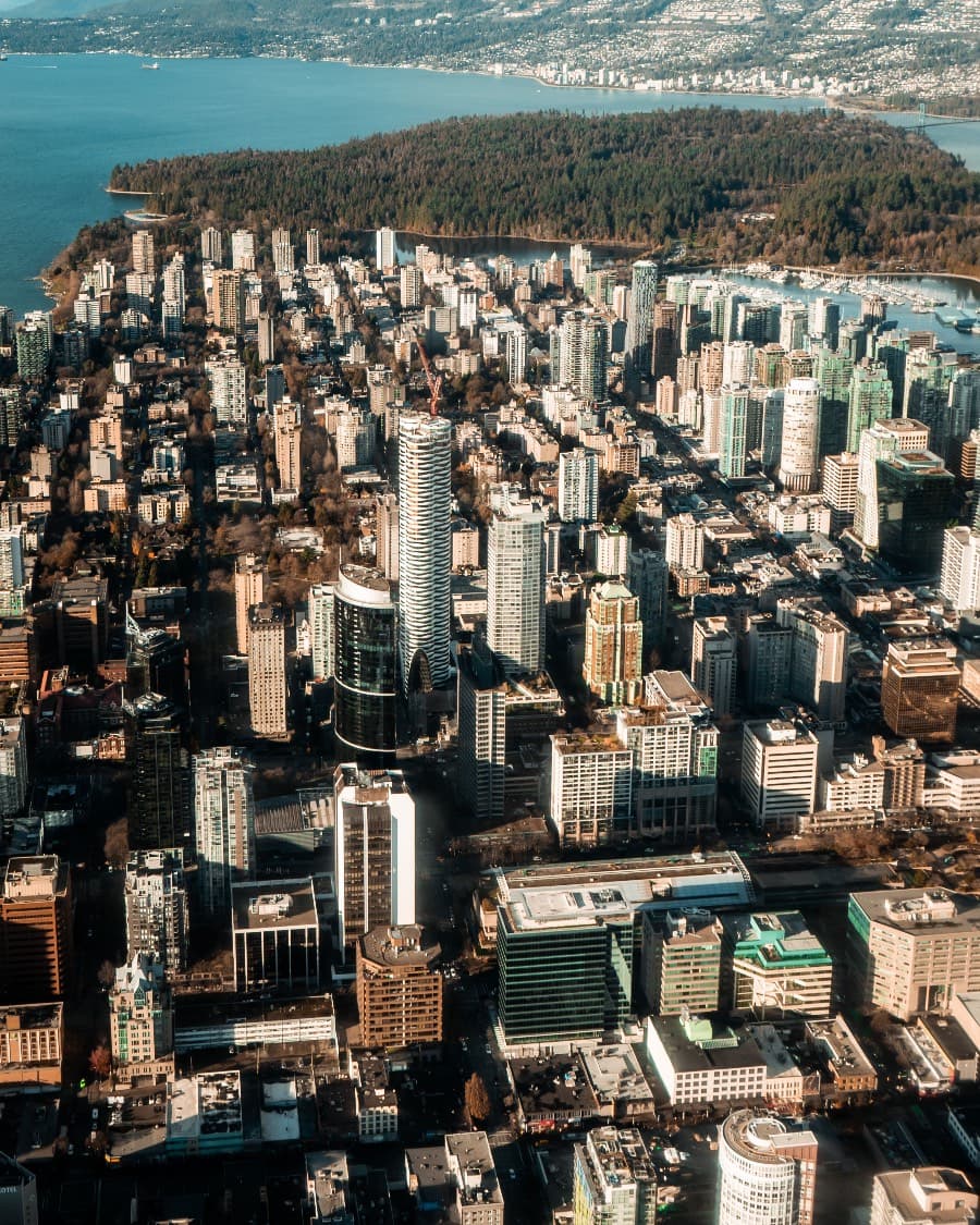 Aerial view of downtown Vancouver towers and Stanley Park